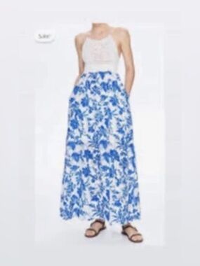 Lumina Blue & White Floral Eyelet/Crochet Maxi Dress Made In Italy